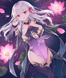 Rule 34 | 1girl, absurdres, blush, breasts, collar, detached sleeves, dress, earrings, fate/grand order, fate (series), floral print, grey hair, hair ribbon, highres, jewelry, kama (fate), kama (second ascension) (fate), large breasts, long hair, looking at viewer, pink ribbon, purple dress, purple sleeves, red eyes, ribbon, ring, smile, thighhighs, yua (bokubo0806)