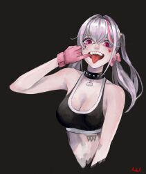 Rule 34 | 1girl, absurdres, black collar, black sports bra, breasts, cleavage, collar, facial tattoo, fangs, finger in own mouth, gloves, goddess of victory: nikke, grey hair, hair between eyes, hair ornament, hair ribbon, heart, heart tattoo, highres, jackal (nikke), long hair, looking at viewer, low twintails, medel 234, medium breasts, multicolored hair, pink gloves, pink hair, pink ribbon, red eyes, ribbon, side ponytail, sidelocks, signature, simple background, solo, spiked collar, spikes, sports bra, stomach tattoo, streaked hair, tattoo, tongue, tongue out, twintails