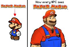 1boy absurdres bara beard_stubble blue_overalls brown_hair english_text facial_hair gloves hat highres large_pectorals looking_at_viewer male_focus mario mario_(series) mature_male medium_sideburns mister_eagleman muscular muscular_male mustache nintendo overalls paper_mario_(character) pectorals red_shirt shirt short_hair stubble thick_eyebrows upper_body white_gloves