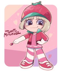 Rule 34 | blouse, blunt bangs, bob cut, character name, disney, full body, hand on own hip, ikuchi osutega, pantyhose, pink background, pink shirt, pink theme, shirt, solo, standing, striped clothes, striped pantyhose, taffyta muttonfudge, tagme