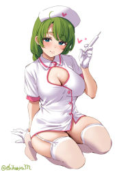 Rule 34 | 1girl, alternate costume, blue eyes, breasts, cleavage, closed mouth, ebifurya, garter straps, green hair, hat, highres, holding, holding syringe, kantai collection, kneeling, large breasts, looking at viewer, mole, mole on breast, mole on cheek, mole on thigh, needle, nurse, nurse cap, one-hour drawing challenge, solo, syringe, thighhighs, twitter username, white thighhighs, yuugumo (kancolle)