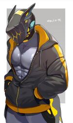 Rule 34 | 1boy, abs, protagonist (pso2), bara, bare pectorals, black male underwear, colored skin, cyborg, glowing, grey background, hakidashi 11, hands in pockets, hood, hoodie, male focus, male underwear, masked, muscular, muscular male, naked hoodie, partially unzipped, pectorals, phantasy star, phantasy star online 2, purple skin, robot ears, solo, thick thighs, thighs, two-tone hoodie, underwear, upper body