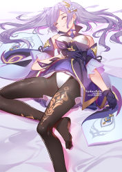 Rule 34 | 1girl, artist name, bare shoulders, bed sheet, black gloves, black pantyhose, blush, breasts, choker, cone hair bun, detached sleeves, dress, closed eyes, feet out of frame, frilled sleeves, frills, genshin impact, gloves, hair bun, hand on own stomach, keqing (genshin impact), leotard, leotard under clothes, long hair, lying, medium breasts, no shoes, on back, on bed, pantyhose, parted lips, purple choker, purple dress, purple hair, short sleeves, sleeping, smile, solo, sydus, tassel, thighband pantyhose, twintails, white leotard