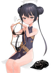 Rule 34 | ..., 1girl, absurdres, black dress, black hair, blue archive, blush, china dress, chinese clothes, clothes hanger, commentary, double bun, dress, feet out of frame, hair bun, highres, hogo (otora50), holding, holding clothes hanger, kisaki (blue archive), looking at viewer, pelvic curtain, sitting, sleeveless, sleeveless dress, solo, spoken ellipsis, sweatdrop, symbol-only commentary, twintails
