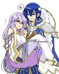 Rule 34 | 1boy, 1girl, bare shoulders, blue eyes, blue hair, breasts, brother and sister, cape, carrying, circlet, dress, fire emblem, fire emblem: genealogy of the holy war, fur trim, headband, julia (fire emblem), large breasts, long hair, medium breasts, nintendo, open mouth, princess carry, purple eyes, purple hair, sandals, seliph (fire emblem), siblings, white headband, yukia (firstaid0)