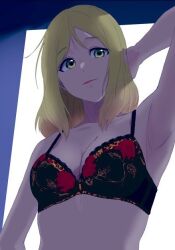 Rule 34 | 1girl, armpits, backlighting, bare arms, black bra, blonde hair, bra, breasts, cleavage, closed mouth, collarbone, long hair, looking at viewer, love live!, love live! sunshine!!, ohara mari, s sho mkrn, small breasts, solo, straight hair, underwear, upper body, yellow eyes