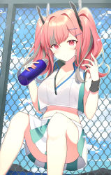 Rule 34 | 1girl, absurdres, azur lane, bare legs, bare shoulders, bottle, breasts, bremerton (azur lane), bremerton (scorching-hot training) (azur lane), chain-link fence, cleavage, convenient leg, crop top, crop top overhang, day, fence, hair ornament, hairclip, highres, holding, large breasts, long hair, looking at viewer, midriff, miniskirt, multicolored hair, outdoors, paaru, pink eyes, pink hair, pleated skirt, shirt, skirt, sleeveless, sleeveless shirt, smile, solo, sweatband, twintails, two-tone hair, white shirt, white skirt, x hair ornament