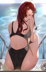 Rule 34 | 1girl, ass, back cutout, blurry, blurry background, clothing cutout, competition swimsuit, gedou hakurou, handrail, highres, long hair, looking back, one-piece swimsuit, open mouth, persona, persona 5, persona 5 the royal, red eyes, red hair, signature, solo, swimsuit, twitter username, wet, yoshizawa kasumi
