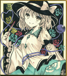 Rule 34 | argyle, argyle background, black hat, blood, bloody knife, bow, closed mouth, cowboy shot, eyeball, floral print, frilled shirt collar, frilled skirt, frilled sleeves, frills, green skirt, hajike akira, happy, hat, hat bow, heart, heart of string, highres, holding, holding knife, juliet sleeves, knife, komeiji koishi, limited palette, long sleeves, looking at viewer, puffy sleeves, rose print, shirt, short hair, skirt, smile, third eye, touhou, traditional media, upper body, wide sleeves, yellow shirt