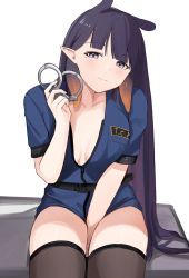 Rule 34 | 1girl, between legs, black thighhighs, blue eyes, breasts, closed mouth, cuffs, female focus, hand between legs, handcuffs, highres, holding, holding handcuffs, hololive, hololive english, ku roiko, long hair, looking at viewer, medium breasts, mole, mole under eye, ninomae ina&#039;nis, police, police uniform, policewoman, purple hair, short sleeves, simple background, sitting, solo, tentacle hair, thighhighs, uniform, very long hair, virtual youtuber, white background