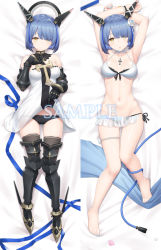 Rule 34 | 1girl, :o, armored boots, arms up, azur lane, bare legs, bare shoulders, barefoot, bed sheet, bikini, black bikini, black collar, black footwear, black gloves, black panties, blue hair, blue nails, boots, bracelet, breasts, brown thighhighs, closed mouth, clothes lift, collar, collarbone, commentary, cross, dakimakura (medium), detached collar, dress, dress lift, flower, gascogne (azur lane), gloves, groin, hair flower, hair ornament, hair over one eye, hand up, headgear, heijialan, jewelry, latin cross, lifting own clothes, looking at viewer, lying, medium breasts, multiple views, nail polish, navel, on back, panties, parted lips, rose, see-through, short hair, side-tie bikini bottom, strapless, strapless dress, swimsuit, thighhighs, toenail polish, toenails, underwear, white bikini, white dress, white flower, white rose, yellow eyes