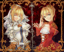 Rule 34 | blonde hair, dual persona, closed eyes, fate/grand order, fate (series), green eyes, hair intakes, nero claudius (bride) (fate), nero claudius (fate), nero claudius (fate) (all), tagme