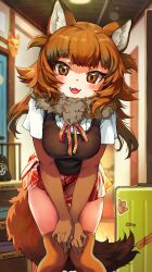 Rule 34 | 1girl, absurdres, animal ears, blurry, blurry background, blush, breasts, brown eyes, brown hair, buttons, center frills, dhole (kemono friends), dhole (kemono friends) (old design), dog ears, dog girl, dog tail, elbow gloves, fangs, feet out of frame, frills, fur collar, gloves, grey hair, hands on own knees, highres, indoors, kemono friends, leaning forward, long hair, looking at viewer, medium breasts, melaton, miniskirt, multicolored hair, neck ribbon, open mouth, over-kneehighs, plaid, plaid skirt, ribbon, shirt, short sleeves, skirt, smile, solo, standing, sweater vest, tail, taut clothes, thighhighs, white shirt