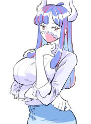 Rule 34 | 1girl, ahoge, blue hair, blue skirt, collared shirt, covered mouth, curled horns, dinosaur girl, hand up, horns, long hair, looking at viewer, mask, mouth mask, multicolored hair, one piece, pink eyes, pink hair, pink mask, raine (acke2445), shirt, shirt tucked in, simple background, skirt, solo, streaked hair, ulti (one piece), white background, white shirt