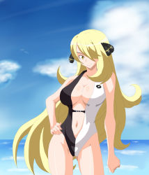 Rule 34 | 1girl, bare shoulders, beach, blonde hair, blue sky, breasts, cleavage, closed mouth, cloud, cloudy sky, collarbone, creatures (company), cynthia (pokemon), day, eyebrows, female focus, game freak, groin, hair ornament, hair over one eye, hand on own hip, large breasts, legs apart, long hair, looking at viewer, navel, nintendo, pokemon, shiny skin, sky, smile, solo, standing, swimsuit, very long hair, yellow eyes