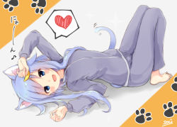 Rule 34 | 1girl, :d, animal ear fluff, animal ears, arms up, barefoot, blue hair, blush, cat ears, cat girl, cat tail, commentary request, crescent, crescent hair ornament, eighth note, full body, grey jacket, grey pants, hair ornament, heart, jacket, kantai collection, knees up, long hair, long sleeves, looking at viewer, lying, musical note, on back, open mouth, pants, signature, smile, solo, sou (soutennkouchi), spoken heart, tail, track jacket, track pants, track suit, translated, very long hair, yayoi (kancolle)