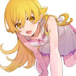 Rule 34 | 1girl, blonde hair, blush stickers, commentary, dress, fang, female focus, hair between eyes, highres, long hair, looking at viewer, lower teeth only, monogatari (series), open mouth, oshino shinobu, pink dress, pointy ears, simple background, sleeveless, sleeveless dress, solo, sugimoto (niboshiumai), teeth, white background, yellow eyes
