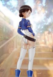 Rule 34 | 1girl, absurdres, alternate costume, ass, black hair, blush, braid, breasts, brown eyes, closed mouth, cosplay, feet out of frame, female focus, fin e ld si laffinty (cosplay), french braid, girls und panzer, hands on own hips, highres, hiyama yuu (wee259hiyama), looking at viewer, looking back, nishi kinuyo, outdoors, rinne no lagrange, small breasts, solo, standing, thighhighs, white thighhighs