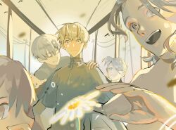 Rule 34 | 5boys, bad bcy id, bad id, black jacket, blonde hair, blue eyes, brown eyes, buttons, character request, closed eyes, closed mouth, copyright request, covering own mouth, daisy, debris, expressionless, flower, gakuran, grey hair, hair over one eye, hallway, hand on another&#039;s shoulder, highres, indoors, jacket, kuyunzai shenghua jingsai, male focus, multiple boys, open mouth, power lines, school uniform, short hair, smile, teeth, turtleneck, turtleneck jacket, upper body, upper teeth only, white flower