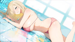 Rule 34 | 1girl, ass, asuna (blue archive), bare arms, bare legs, bare shoulders, barefoot, bikini, blonde hair, blue archive, blue eyes, blurry, blush, breasts, collarbone, dan-98, grin, highres, indoors, large breasts, long hair, looking at viewer, lying, on stomach, paid reward available, pink bikini, shiny skin, skindentation, smile, solo, string bikini, swimsuit, thighs, watermark
