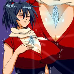 Rule 34 | 1girl, black hair, blush, breast focus, breasts, closed mouth, covered erect nipples, embarrassed, closed eyes, female focus, gutsbro14, hand on own chest, huge breasts, japanese clothes, large breasts, long hair, manyuu chifusa, manyuu hikenchou, ninja, nipples, object on breast, ponytail, purple background, scarf, shaking, simple background, solo, sweat, upper body