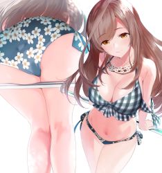 Rule 34 | 1girl, ass, bare shoulders, bikini, blush, breasts, brown hair, cleavage, closed mouth, floral print, flower, from below, idolmaster, idolmaster shiny colors, japanese clothes, jewelry, kimono, large breasts, long hair, looking at viewer, metallican, mismatched bikini, multiple views, navel, necklace, orange hair, plaid, plaid bikini, print kimono, side-tie bikini bottom, simple background, smile, stomach, swimsuit, thighs, tsukioka kogane, white background, white flower