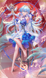 Rule 34 | 1girl, absurdres, aqua eyes, arm up, armpits, bare shoulders, barefoot, blue hair, breasts, detached sleeves, dress, full body, gloves, hair between eyes, halo, head wings, highres, honkai: star rail, honkai (series), jewelry, long hair, looking at viewer, multicolored clothes, multicolored dress, robin (honkai: star rail), short sleeves, smile, solo, very long hair, white dress, white gloves, wings, yue (pkdn5828)