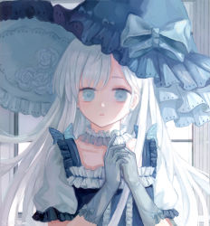 Rule 34 | 1girl, blue eyes, choker, frills, gloves, hat, highres, iceblue, long hair, original, solo, source request, white gloves, white hair, witch, witch hat