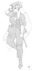 Rule 34 | 1girl, absurdres, arknights, armor, baton (weapon), belt, body armor, boots, collared shirt, dragon girl, dragon horns, dragon tail, dress shirt, ear piercing, from side, full body, greyscale, hair between eyes, hat, highres, horns, knee boots, load bearing vest, long hair, looking down, monochrome, open collar, pants, pauldrons, peaked cap, piercing, bulletproof vest, police, police hat, police uniform, policewoman, saria (arknights), saria (the law) (arknights), shirt, shoulder armor, sidelocks, signature, simple background, single pauldron, sleeves rolled up, soda (sod4), solo, standing, tactical clothes, tail, thigh strap, toned, uniform, very long hair, walkie-talkie, weapon, white background, white hair