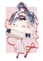 Rule 34 | 1girl, asymmetrical legwear, blue bow, blue eyes, blue hair, blush, bonnet, bow, bowtie, cardcaptor sakura, choker, collarbone, cross-laced clothes, cross-laced legwear, daidouji tomoyo, dress, flower choker, frilled dress, frilled sleeves, frilled socks, frills, full body, hand to own mouth, hat, hat ribbon, highres, lolita fashion, long hair, open mouth, outline, over-kneehighs, pink background, red bow, red bowtie, red choker, red footwear, red ribbon, ribbon, ribbon-trimmed dress, short sleeves, single over-kneehigh, single sock, single thighhigh, smile, socks, solo, thighhighs, uneven legwear, wavy hair, white outline, white socks, yuzhi