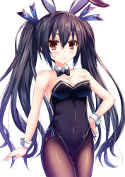 Rule 34 | 1girl, alternate costume, animal ears, bare shoulders, black hair, black leotard, blush, breasts, rabbit ears, cleavage, commentary request, covered navel, cowboy shot, detached sleeves, fake animal ears, hair between eyes, hair ribbon, hand on own hip, kmcgold30, leotard, long hair, looking at viewer, medium breasts, neptune (series), noire (neptunia), pantyhose, playboy bunny, red eyes, ribbon, simple background, smile, solo, twintails, very long hair, white background, wrist cuffs