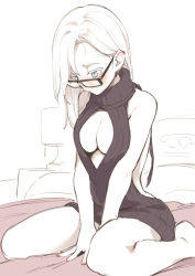 Rule 34 | 1girl, asutora, asutora-chan, bare arms, bare legs, bare shoulders, black-framed eyewear, blue eyes, breasts, cleavage cutout, clothing cutout, colored eyelashes, commentary request, glasses, large breasts, long hair, mole, mole under eye, original, silver hair, sitting, solo, wariza, white background