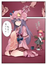 Rule 34 | 2girls, black dress, blush, broom, bucket, capelet, commentary request, crescent, dress, dying message, hammer (sunset beach), hat, head wings, koakuma, long hair, multiple girls, pantyhose, patchouli knowledge, purple eyes, purple hair, red hair, robe, sitting, solid oval eyes, touhou, translation request, wariza, wings