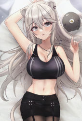 Rule 34 | 1girl, absurdres, ahoge, animal ears, arms up, black shirt, blush, breasts, brown pantyhose, cleavage, crop top, ear piercing, grey eyes, grey hair, hair between eyes, highres, hololive, large breasts, lion ears, lion girl, long hair, looking at viewer, lying, messy hair, miniskirt, mofu07519, on back, open mouth, pantyhose, piercing, see-through, shirt, shishiro botan, shishiro botan (button-down), skin tight, skirt, sleeveless, sleeveless shirt, solo, virtual youtuber
