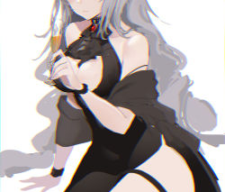Rule 34 | 1girl, alternate costume, arknights, arm support, ascot, bare shoulders, black ascot, black dress, breasts, brooch, bunnyking618, champagne flute, cleavage, commentary request, cup, dress, drinking glass, head out of frame, highres, holding, holding cup, jewelry, large breasts, long hair, shawl, silver hair, simple background, skadi (arknights), sleeveless, sleeveless dress, solo, thigh strap, very long hair, white background