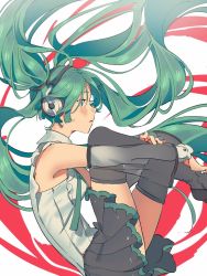 Rule 34 | 1girl, black skirt, black thighhighs, breasts, detached sleeves, etaa89, feet out of frame, frilled shirt, frills, green eyes, green hair, hatsune miku, hatsune miku (nt), headphones, hugging own legs, long hair, looking to the side, medium breasts, parted lips, pleated skirt, see-through, see-through sleeves, shirt, skirt, sleeveless, sleeveless shirt, solo, thighhighs, twintails, vocaloid, white background, white shirt