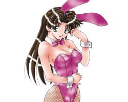 Rule 34 | 1girl, animal ears, black hair, bow, bowtie, breasts, brown hair, cleavage, earrings, fake animal ears, female focus, fishnet pantyhose, fishnets, futari ecchi, green eyes, jewelry, katsu aki, large breasts, leotard, long hair, no bra, onoda yura, pantyhose, pinky out, playboy bunny, rabbit ears, ring, shiny clothes, simple background, smile, solo, standing, wavy hair, wrist cuffs