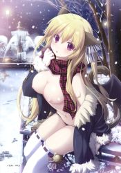 Rule 34 | 1girl, absurdres, ahoge, animal ears, bell, black panties, blonde hair, breasts, cat ears, cat tail, cleavage, coat, highres, himegari dungeon meister, large breasts, lily (himegari dungeon meister), long hair, looking at viewer, nipples, open clothes, open coat, open mouth, outdoors, panties, purple eyes, red scarf, ribbon, scarf, snow, solo, striped ribbon, tail, thighhighs, underwear, white thighhighs, yakuri