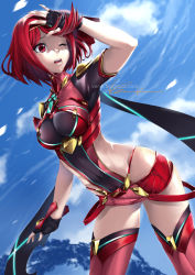 Rule 34 | 1girl, breasts, covered navel, day, earrings, fingerless gloves, gloves, hair ornament, highres, indy k, jewelry, large breasts, nintendo, open mouth, outdoors, pyra (xenoblade), red hair, short hair, shorts, sidelocks, sky, solo, tiara, xenoblade chronicles (series), xenoblade chronicles 2, xenoblade chronicles (series), xenoblade chronicles 2