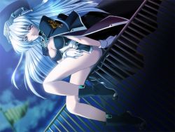 Rule 34 | 1girl, aoiro rinne, bare legs, black cape, black footwear, black skirt, blurry, blurry background, blush, boots, breasts, cape, cleavage, clothing cutout, floating hair, full body, game cg, gloves, hair between eyes, hand on lap, infinity (aoiro rinne), kazuma muramasa, long hair, medium breasts, miniskirt, night, parted lips, red eyes, side slit, silver hair, sitting, skirt, smile, solo, stomach cutout, very long hair, white gloves