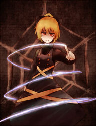 Rule 34 | 1girl, blonde hair, bow, glowing, glowing eyes, gradient background, hair bow, jitome, kurodani yamame, looking at viewer, masa (neku), red eyes, shaded face, silk, smile, solo, spell card, spider web, spiral, touhou, upper body