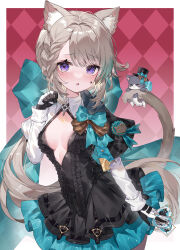 Rule 34 | 1girl, absurdres, animal ears, aqua bow, black dress, black headwear, bow, breasts, card, cat, cat ears, cat tail, cleavage cutout, clothing cutout, commentary request, cowboy shot, dress, genshin impact, gloves, grey hair, hand up, hat, highres, holding, holding card, long hair, looking at viewer, lynette (genshin impact), parted lips, pleated dress, purple eyes, short dress, small breasts, standing, tail, top hat, very long hair, yuia