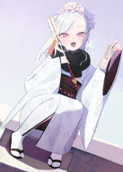 Rule 34 | 1girl, absurdres, arrow (projectile), beijuu, blue archive, blush, fangs, flower, hair flower, hair ornament, hamaya, highres, holding, holding arrow, japanese clothes, kimono, long sleeves, looking at viewer, mutsuki (blue archive), mutsuki (new year) (blue archive), obi, open mouth, red eyes, sash, silver hair, sitting, skin fangs, solo, tabi, white kimono, white legwear, white theme, wide sleeves