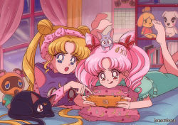 Rule 34 | 1990s (style), 2girls, animal, animal crossing, animal on head, artist name, bedroom, bishoujo senshi sailor moon, blonde hair, blue eyes, cat, cat on head, chibi usa, closed mouth, cone hair bun, crescent, crescent facial mark, diana (sailor moon), double bun, facial mark, forehead mark, hair bun, hanavbara, handheld game console, holding, holding handheld game console, indoors, isabelle (animal crossing), k.k. slider (animal crossing), long hair, looking at another, looking away, luna (sailor moon), multiple girls, night, nintendo, nintendo switch, on head, open mouth, pink hair, red eyes, retro artstyle, tom nook (animal crossing), tongue, tongue out, tsukino usagi, twintails, window