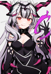 Rule 34 | 1girl, bare shoulders, black choker, black hair, breasts, choker, cleavage, dark persona, dress, feather hair ornament, feathers, fire emblem, fire emblem engage, fire emblem heroes, gloves, grey hair, hair ornament, highres, long hair, looking at viewer, multicolored hair, nintendo, official alternate costume, official alternate eye color, peach11 01, purple eyes, red eyes, smile, solo, two-tone hair, very long hair, veyle (fell successor) (fire emblem), veyle (fire emblem), wavy hair