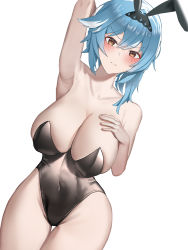 Rule 34 | 1girl, absurdres, animal ears, arm up, armpits, bare arms, bare shoulders, black hairband, black leotard, blue hair, blush, breasts, brown eyes, brown pantyhose, cleavage, collarbone, commentary, cowboy shot, eula (genshin impact), fake animal ears, genshin impact, hair between eyes, hairband, hand on own chest, highres, large breasts, leotard, looking at viewer, nose blush, pantyhose, playboy bunny, rabbit ears, revision, shine (shine art), short hair, simple background, solo, standing, strapless, strapless leotard, thighs, white background