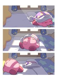 Rule 34 | 1other, 3koma, blush stickers, closed eyes, comic, day, indoors, kirby, kirby (series), lying, mutekyan, nintendo, on back, on bed, on stomach, silent comic, sleep kirby, sleeping, star (symbol), star print, sunlight, time lapse