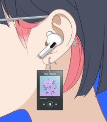 Rule 34 | 1girl, blue background, close-up, commentary request, ear focus, earphones, earrings, english text, flower, glasses, jewelry, media player interface, original, panasonynet, purple flower, short hair, solo