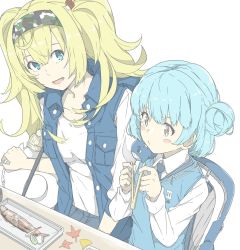 Rule 34 | 2girls, alternate costume, blonde hair, blue eyes, blue hair, blush stickers, breast pocket, breasts, buttons, chopsticks, collared shirt, double bun, fish, food, gambier bay (kancolle), hair between eyes, hair ornament, hairband, hairclip, holding, holding chopsticks, kantai collection, large breasts, long hair, long sleeves, looking at another, multiple girls, ninimo nimo, open clothes, open mouth, open vest, pocket, puckered lips, samuel b. roberts (kancolle), shirt, short hair, sitting, smile, twintails, unbuttoned, vest, white shirt