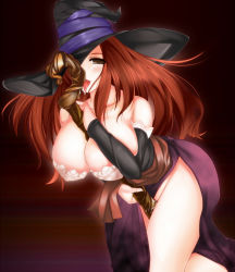 Rule 34 | 1girl, bare shoulders, between breasts, blush, breasts, brown eyes, brown hair, circussion, cleavage, curvy, detached sleeves, dragon&#039;s crown, dress, hat, hat over one eye, huge breasts, large breasts, licking, long hair, naughty face, no panties, one eye covered, saliva, sexually suggestive, side slit, solo, sorceress (dragon&#039;s crown), staff, strapless, strapless dress, tongue, vanillaware, weapon, witch hat